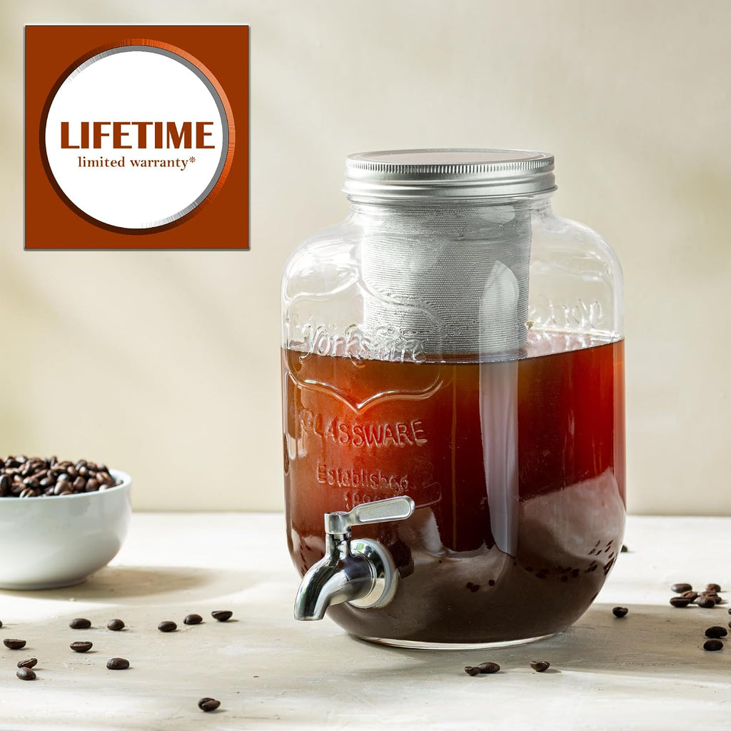 1 Gallon Cold Brew Coffee Maker - 3rd Generation Fine Mesh Filter - Stainless Steel Spigot - Extra Thick Large Glass