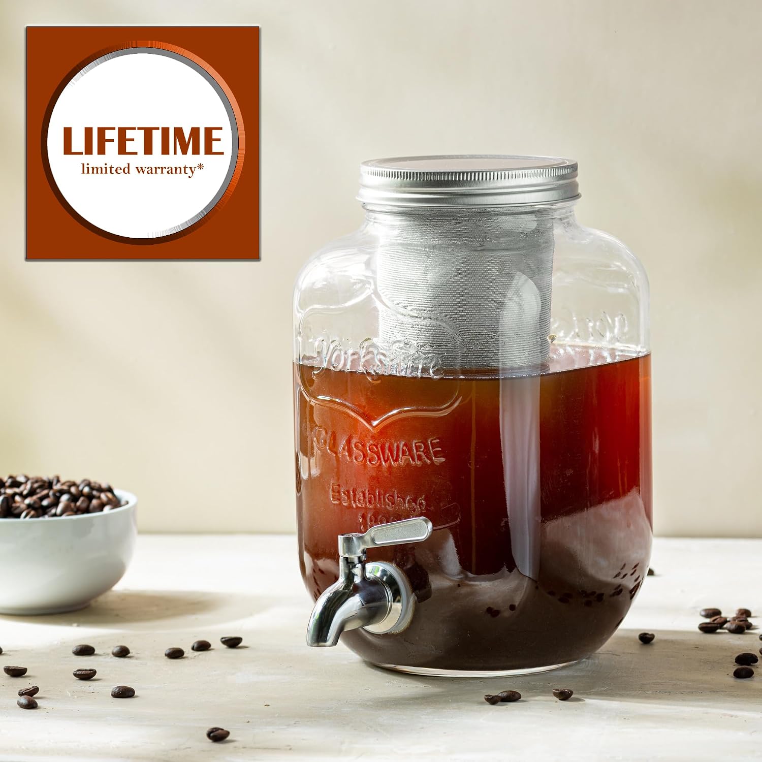 1 Gallon Cold Brew Coffee Maker - 3rd Generation Fine Mesh Filter - Stainless Steel Spigot - Extra Thick Large Glass