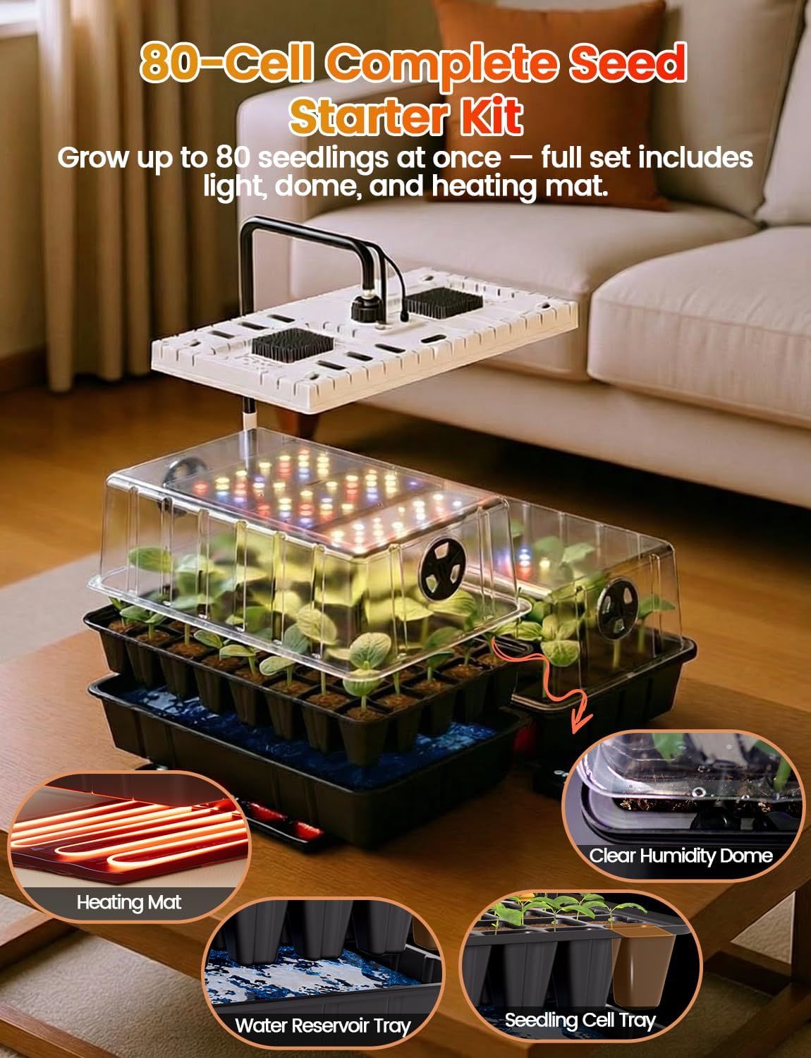 48W Full Spectrum LED Grow Light Seed Starter Kit, 80-Cell Tray with 30W Heating Mat & Adjustable Dome, Waterproof
