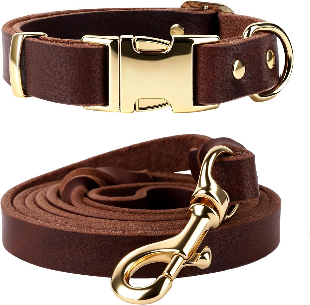 Leather Dog Collar and Leash Set, 6FT Heavy Duty Leather Training Leash with Adjustable Dog Collar, Soft and Durable