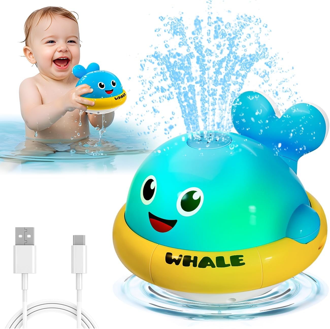 Whale Bath Toys, Toddler Pool Toys for 1 2 3 Year Old Boy, Light Up Baby Bath Toys for Kids Ages 1-3, Bathtub