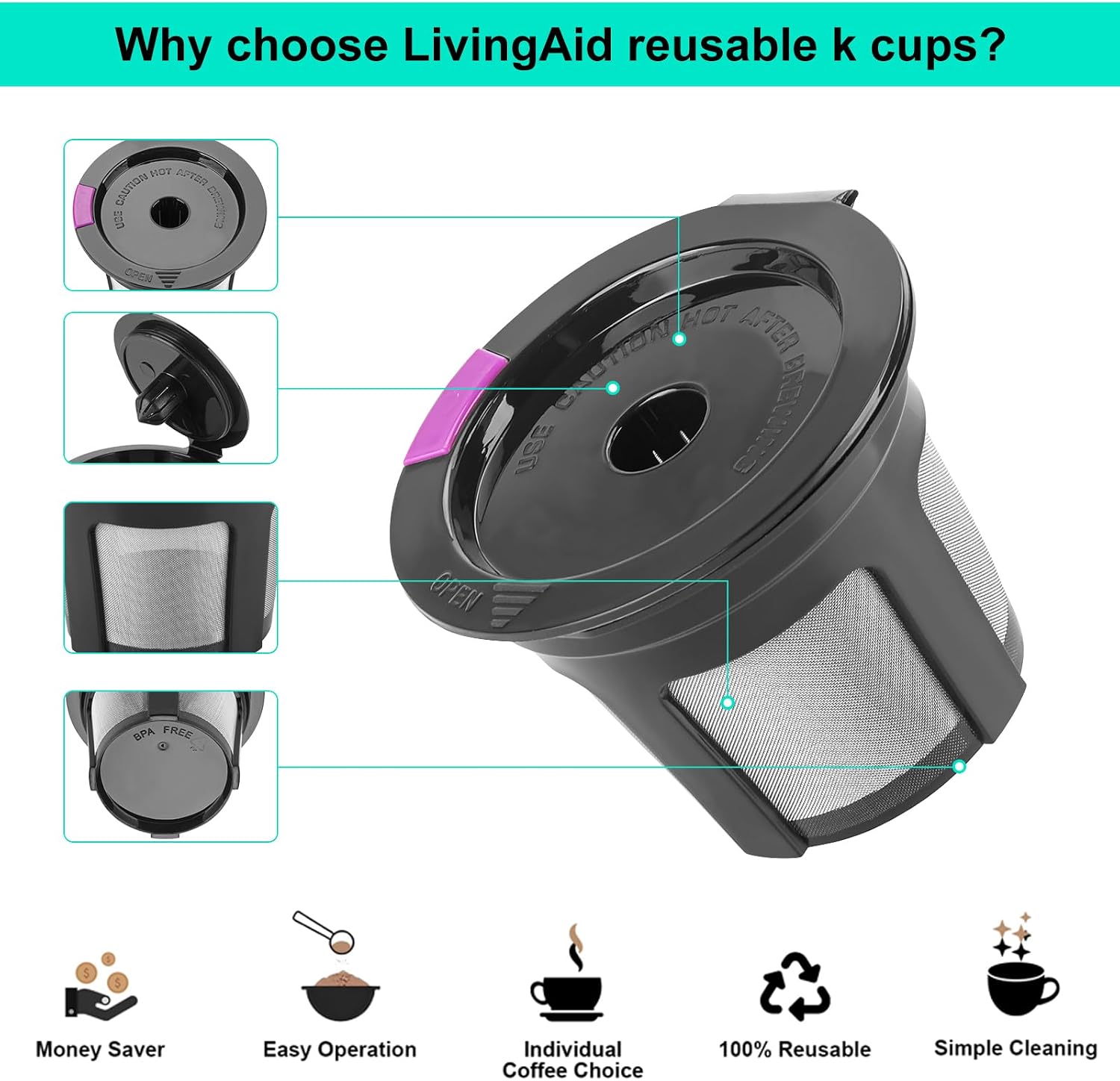 Reusable K Cups, 4 Pack Reusable Coffee Pods with Coffee Spoon, Refillable K Cups Coffee Filters with Food Grade
