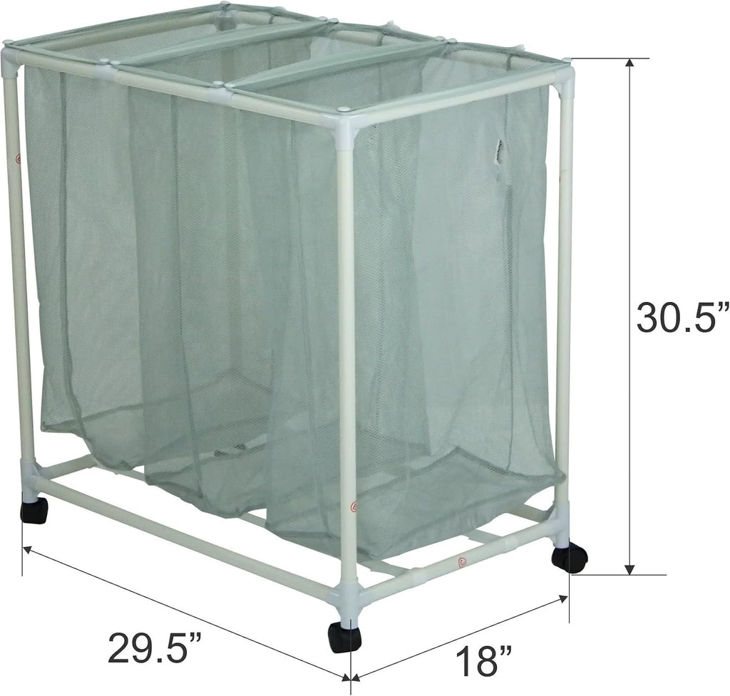 3-Bag Mesh Rolling Laundry Sorter Cart (Soft Silver), Easy Roll Casters, Space-Saving & Durable, Perfect for Bedroom