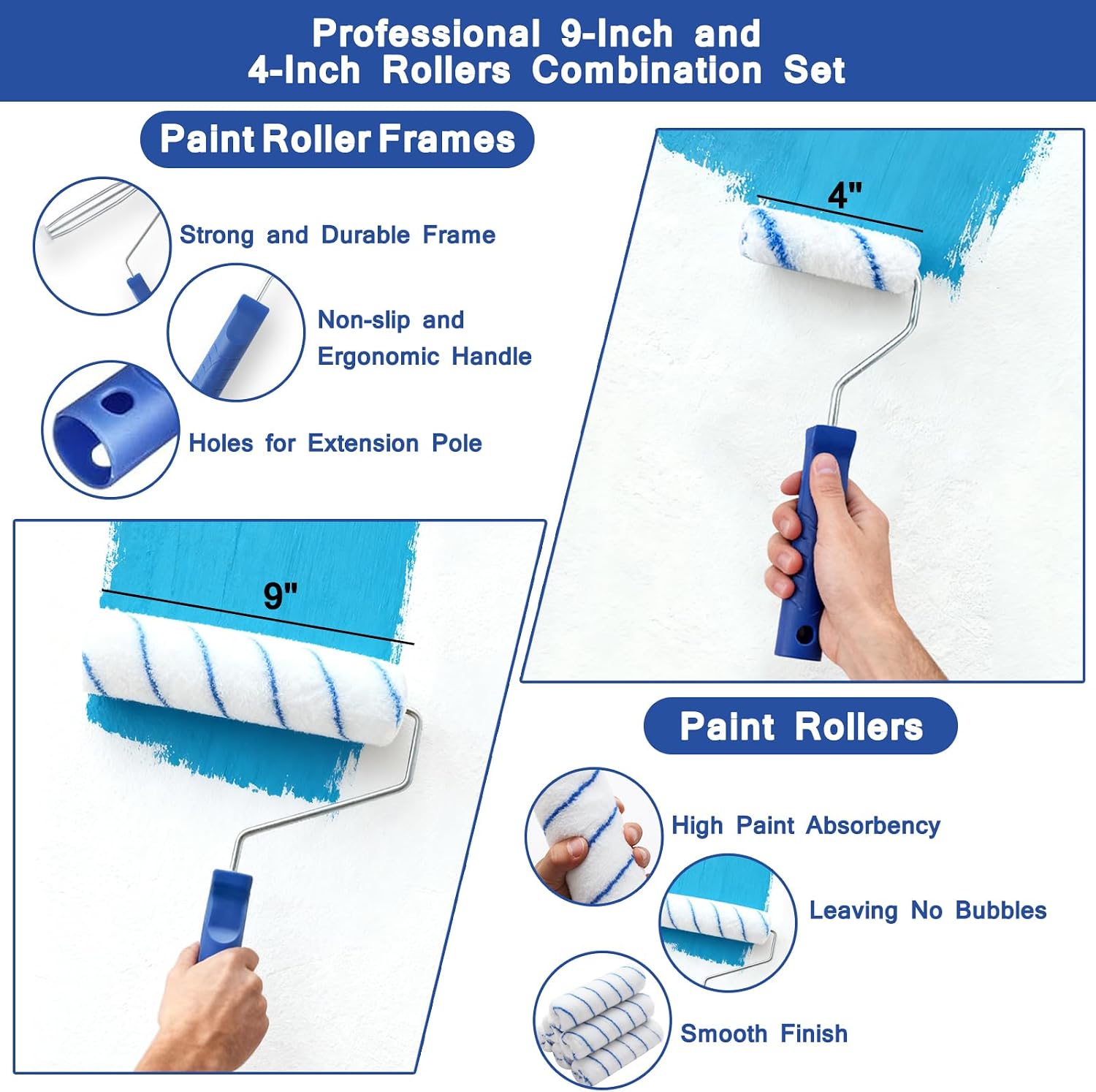 Paint Roller Kit with Extension Pole, 34 Piece Set, 4" and 9" Paint Rollers, 1.63 Ft to 4 Ft Pole, Painting Brushes
