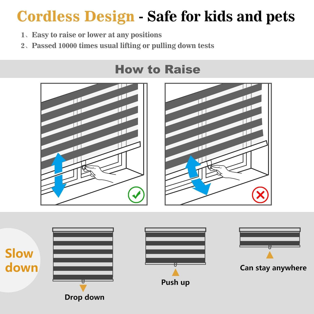 Zebra Blinds for Windows Cordless Roller Shades for Home Free-Stop Windows Shades Dual Layer Light Control for Day