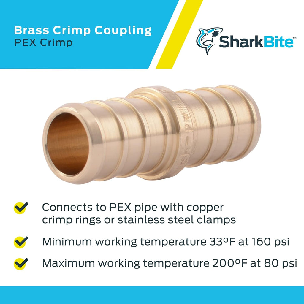 SharkBite 1/2 Inch Crimp Coupling, Pack of 10, Brass Plumbing Fitting, PEX Pipe, PE-RT, UC008LFA10