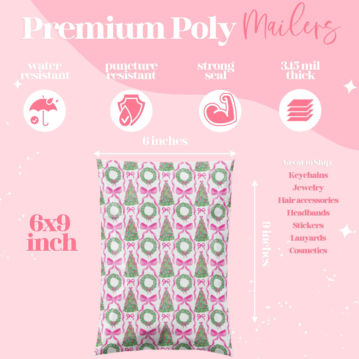 Poly Mailers 6x9, Coquette Christmas,100 Pack