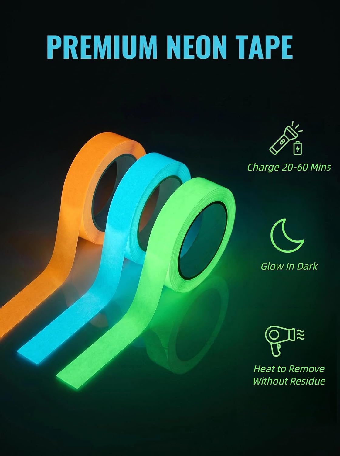 Glow in the Dark Tape, 3-Rolls, 1" x10FT Each, Adhesive, Luminous