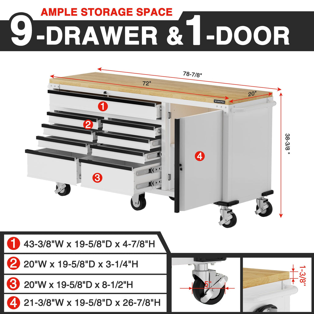 72" x 22" Rolling Tool Cabinet, 9-Drawer & 1-Door