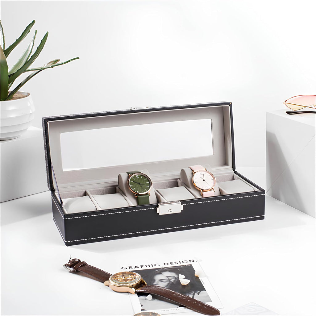 Watch Box for Men,Organizer 6 Slot Watch Display Case,Men Jewelry Box Storage Case,Lined with Soft Velvet and Holder