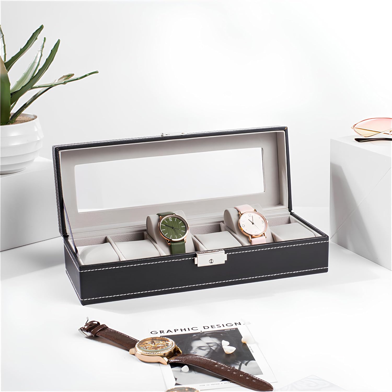 Watch Box for Men,Organizer 6 Slot Watch Display Case,Men Jewelry Box Storage Case,Lined with Soft Velvet and Holder