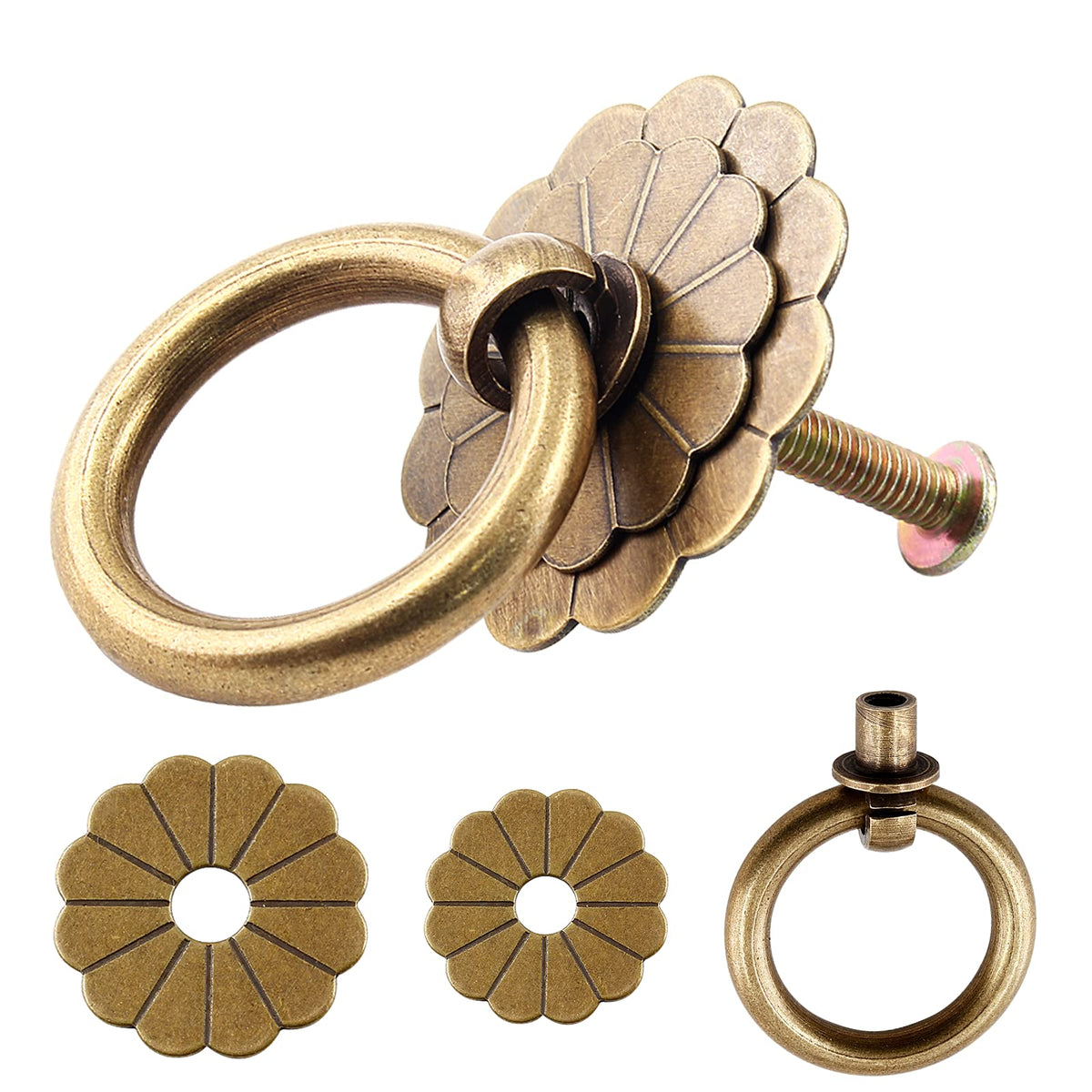 6Pcs Antique Brass Ring Pulls Vintage Cabinet Small Ring