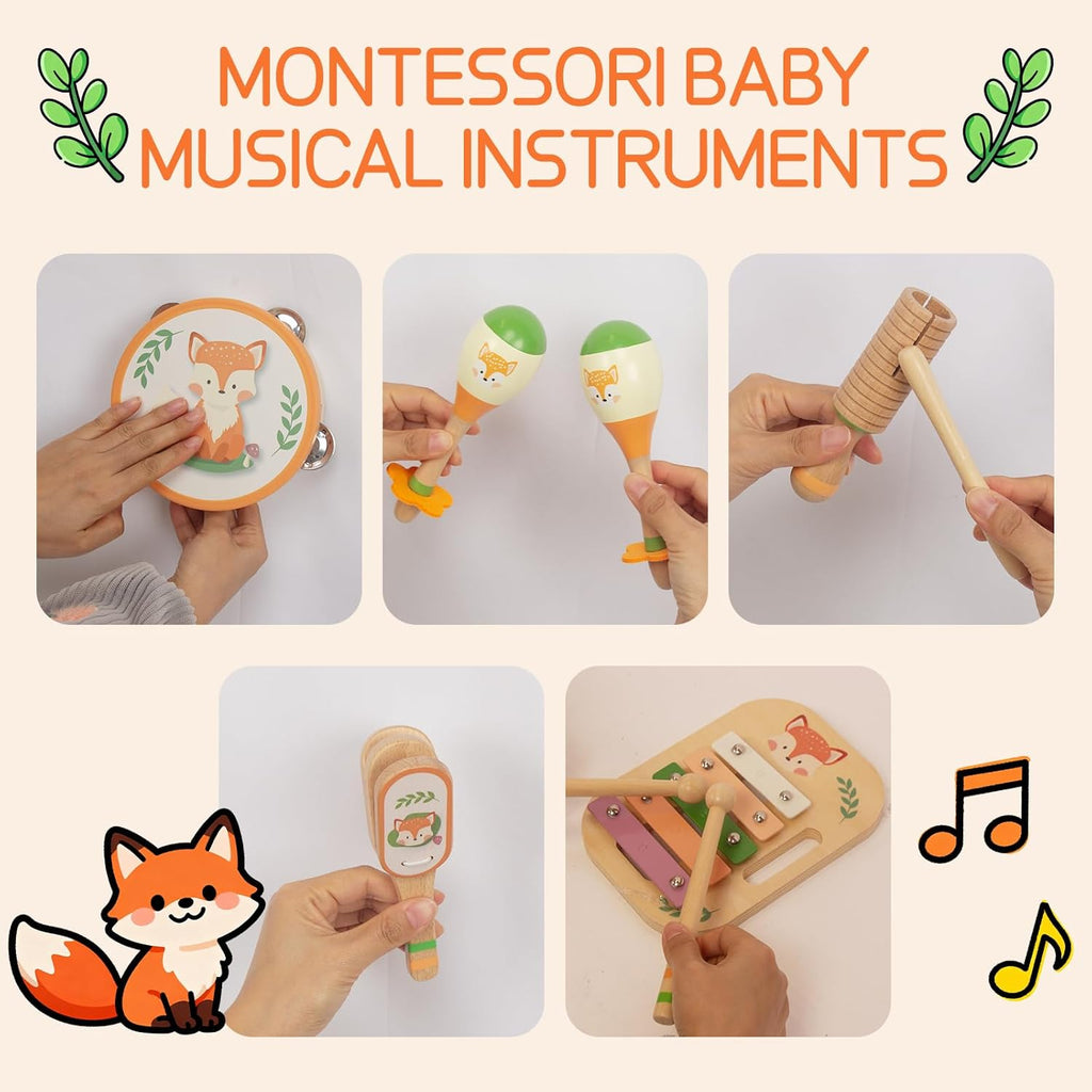Wooden Musical Instruments Set for Toddlers 1-3, Montessori Toys | Natural Wood Percussion Instruments Xylophone Gift