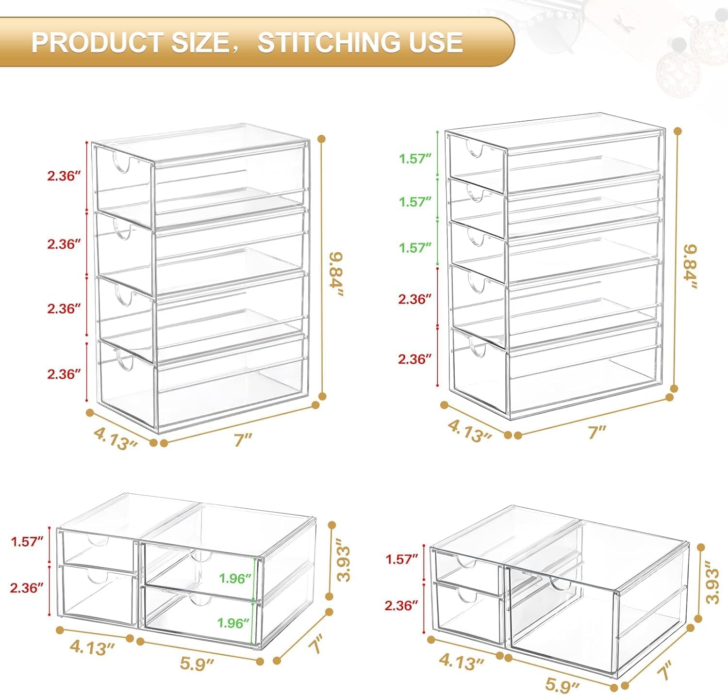 Makeup Organizer Storage With 16 Drawers, 4 Pcs Desktop Office Supplies, Desk Organizers, Clear Accessories