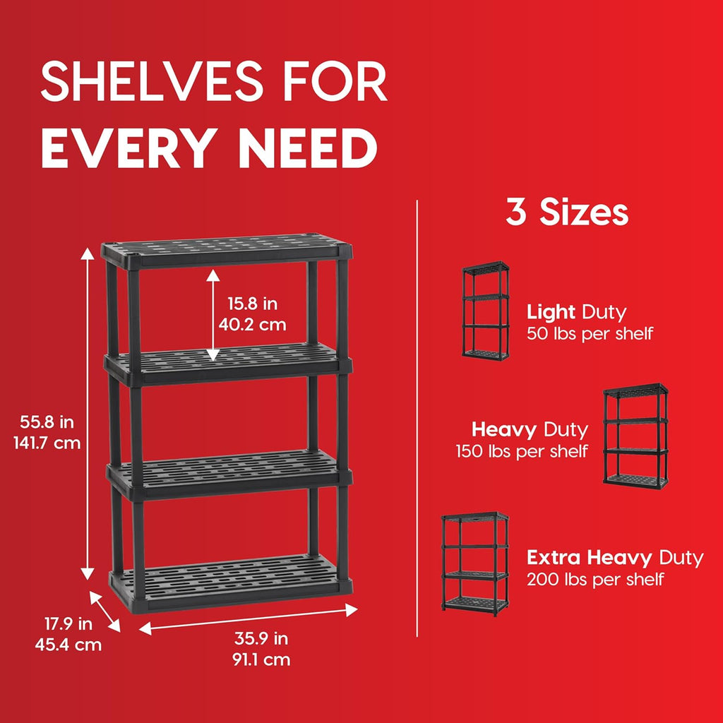 4-Shelf Heavy Duty Plastic Storage Shelves, 600lb Capacity, 56" H x 36" W x 18" D, Large Modular Shelving Unit