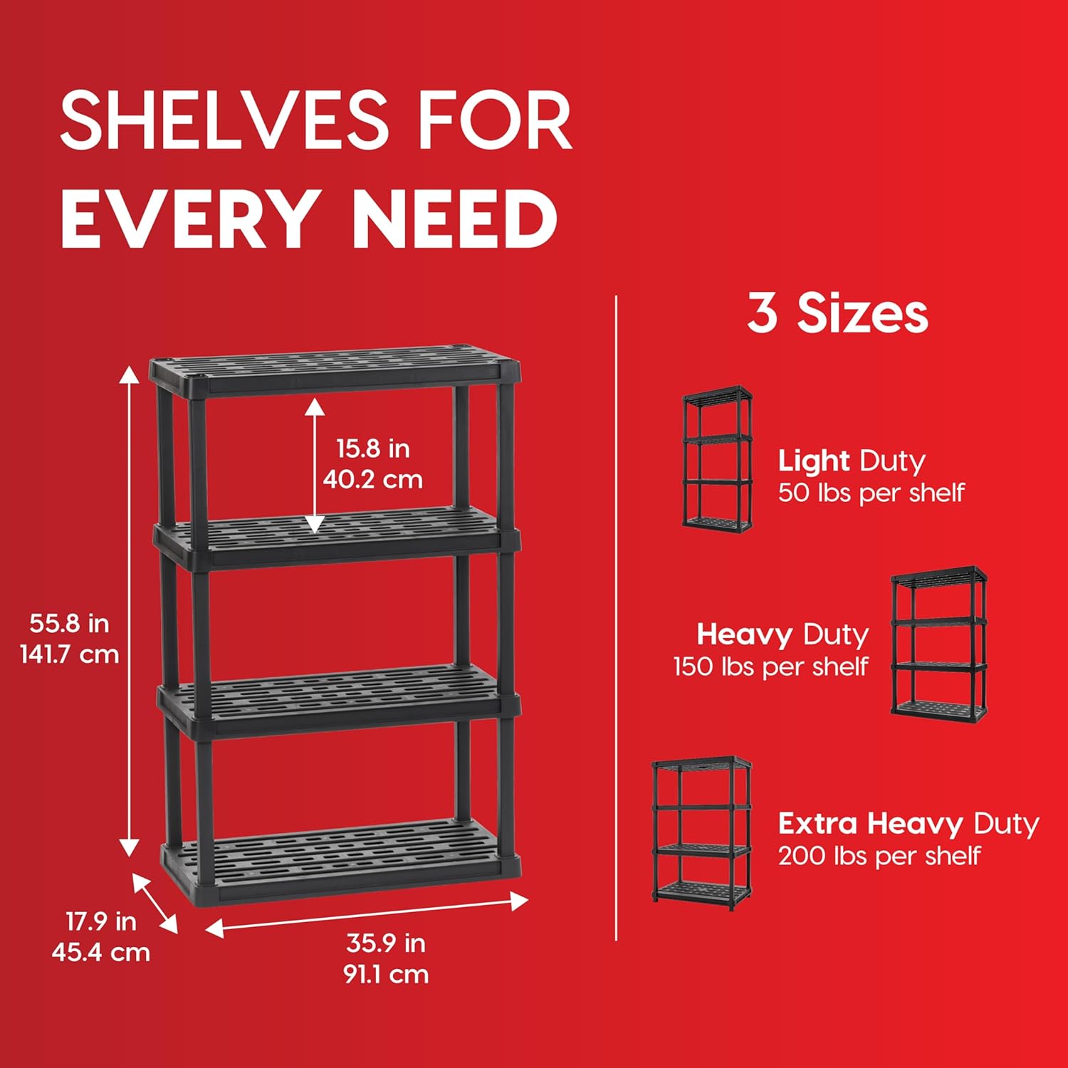 4-Shelf Heavy Duty Plastic Storage Shelves, 600lb Capacity, 56" H x 36" W x 18" D, Large Modular Shelving Unit