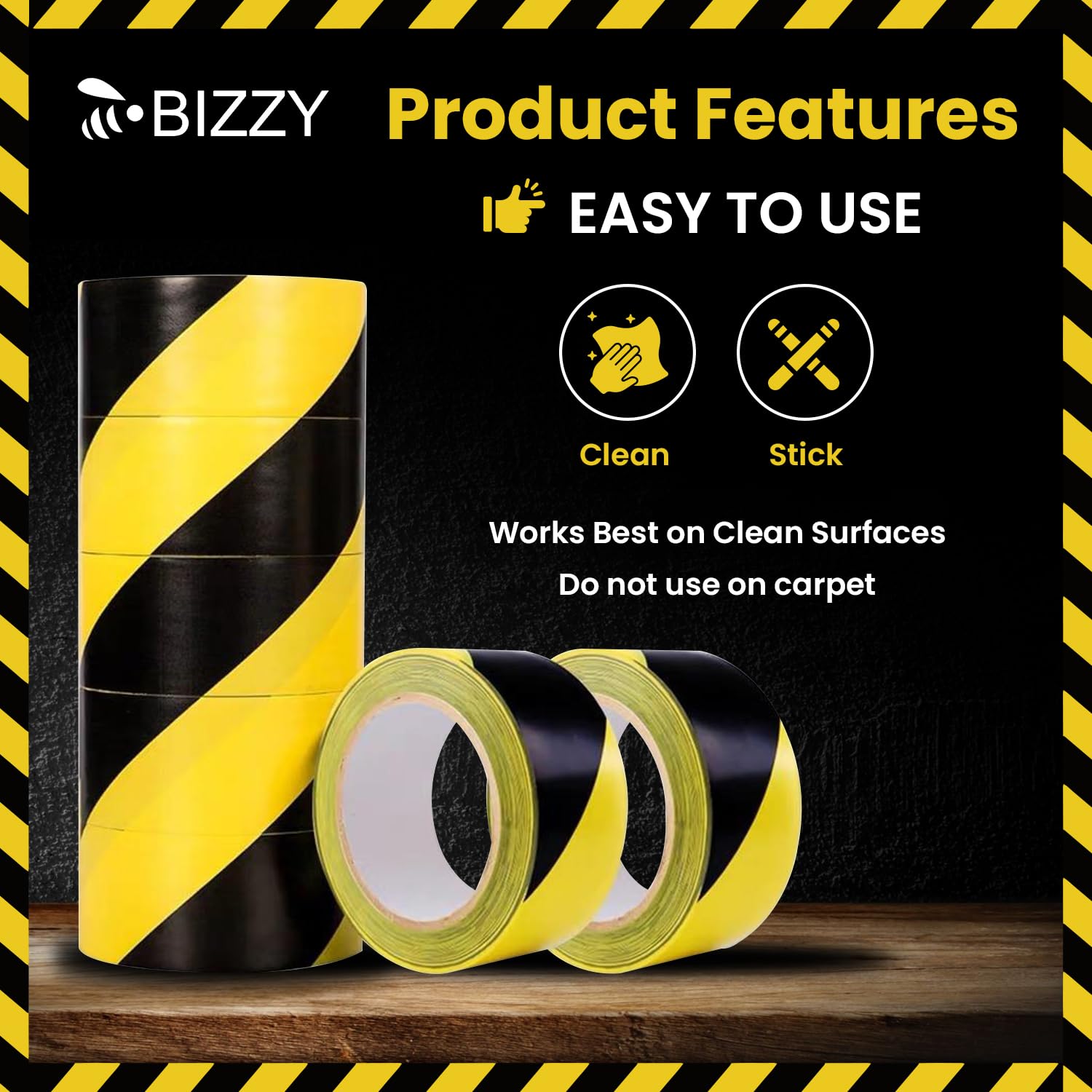 Black and Yellow Safety Tape 2" X 108' Industrial | Yellow and Black Caution Floor Tape | Watch Your Step Tape |