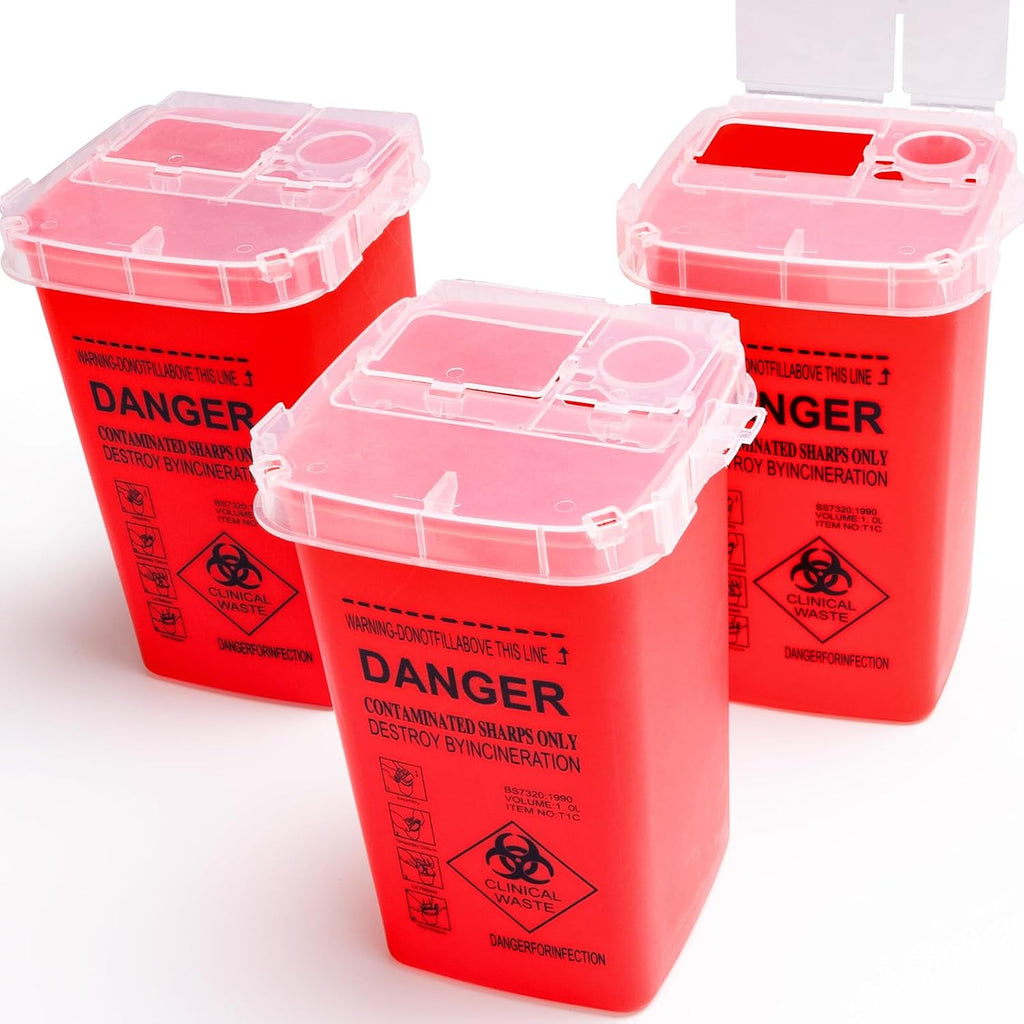 1 Quart (3-Pack) Red Sharps Containers, Needle Disposal for Home Use | Portable Travel Sharps Storage, Professional