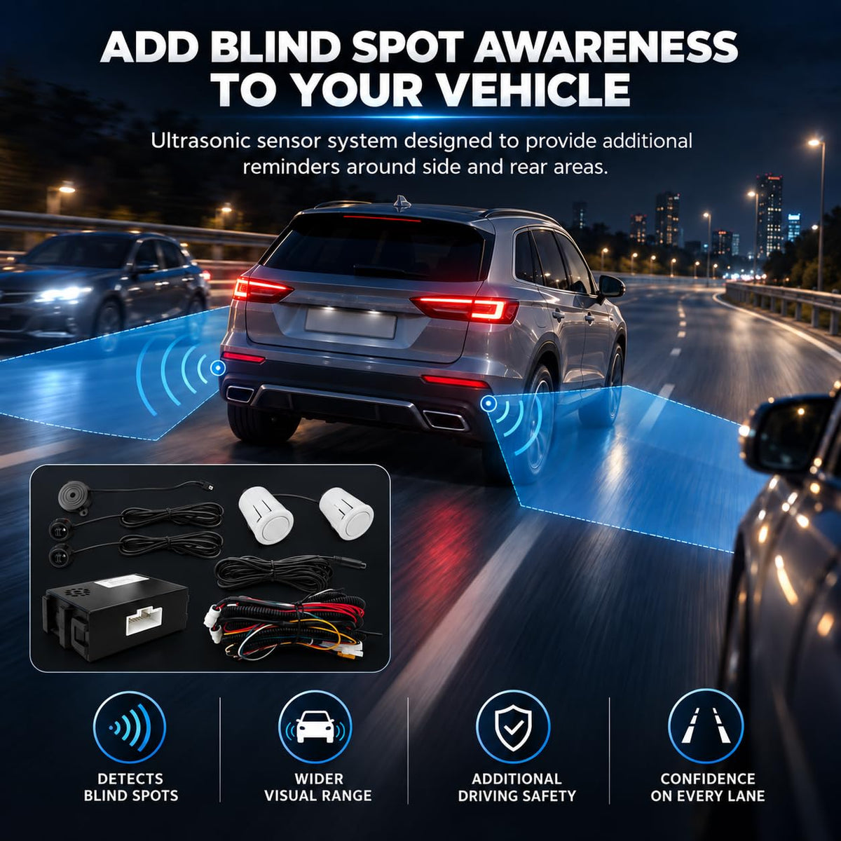 Riloer Blind Spot Sensor Ultrasonic Detection System with LED Alert White
