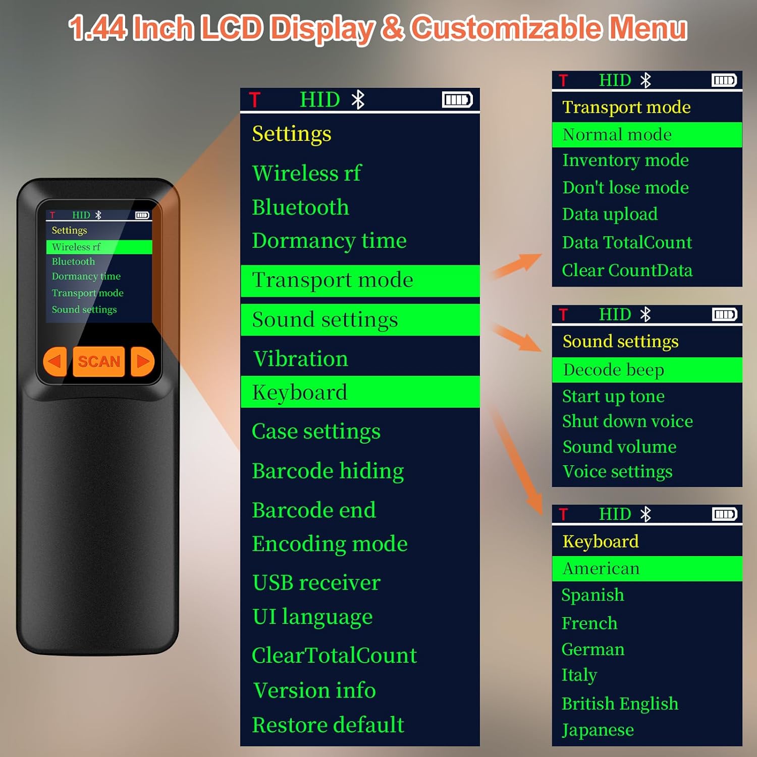 Mini Barcode Scanner, 2D QR 1D Bluetooth Wireless Bar Code Reader | LCD Screen Display & Setting Keypad & AI Voice