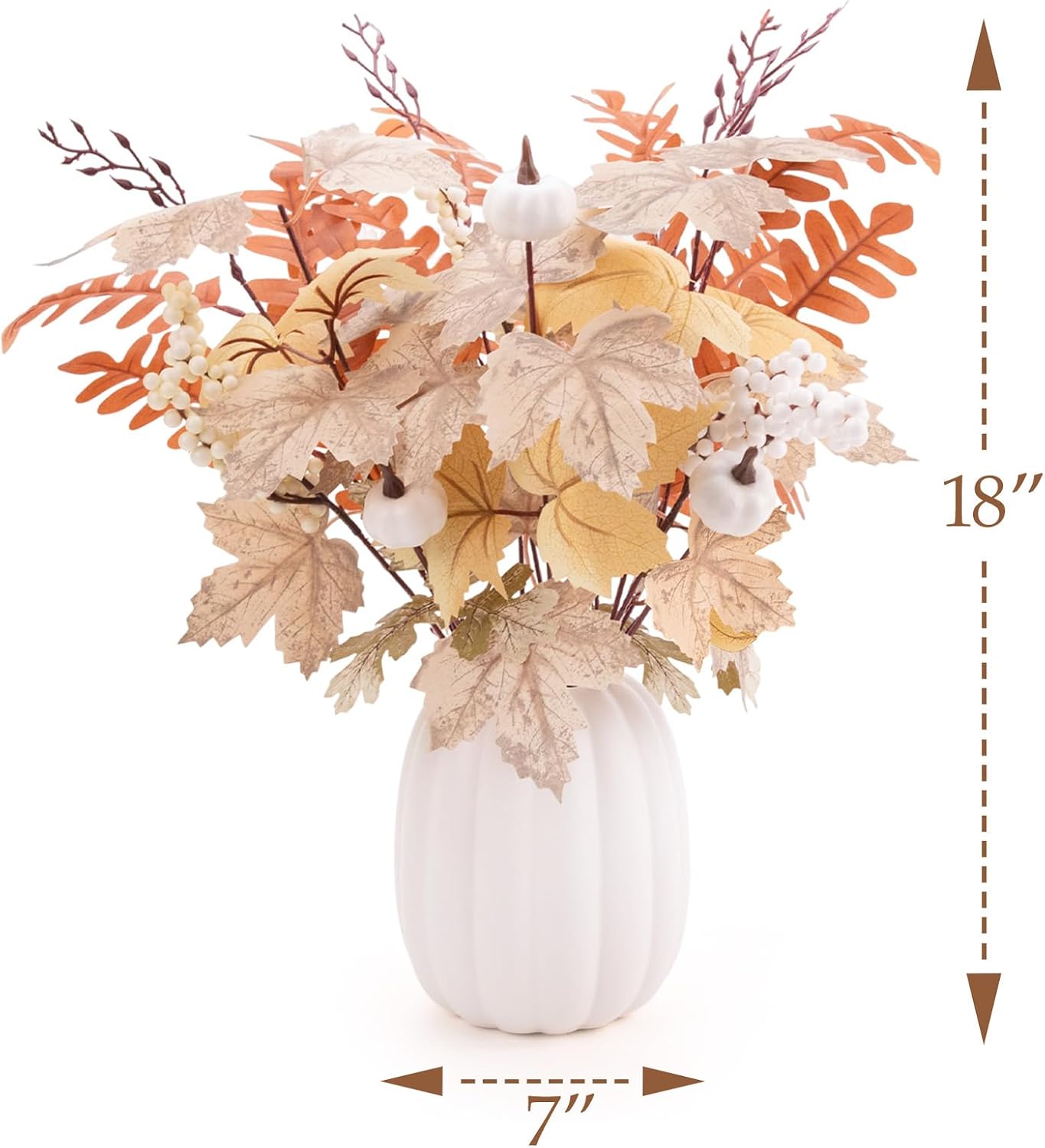 Fall Decor - Ceramic Pumpkin Vase with 15 PCS Autumn Maple Leaf Pumpkin Berry Stems - Table Centerpieces Thanksgiving