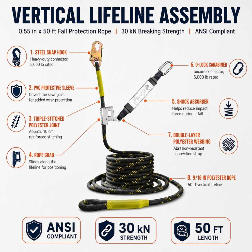 50FT Roofer's Safety Bucket Kit – Upgrade Safety Harness, Roof Anchor, Reusable Roofing Knee Pads，and 50ft Vertical