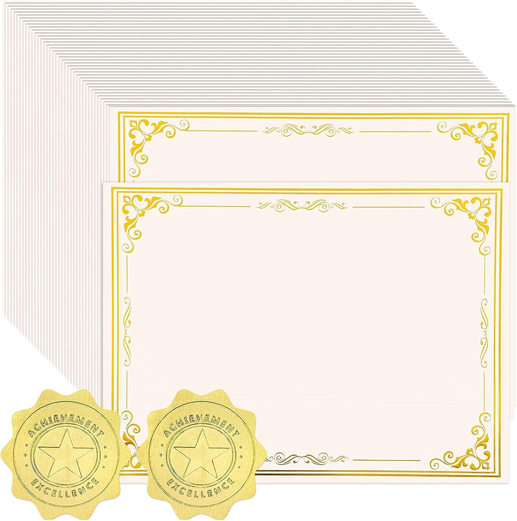 100 Sheets Certificate Paper with 100 Pcs Gold Seal Stickers, 8.5 × 11'' Printable Award Certificates for Graduation