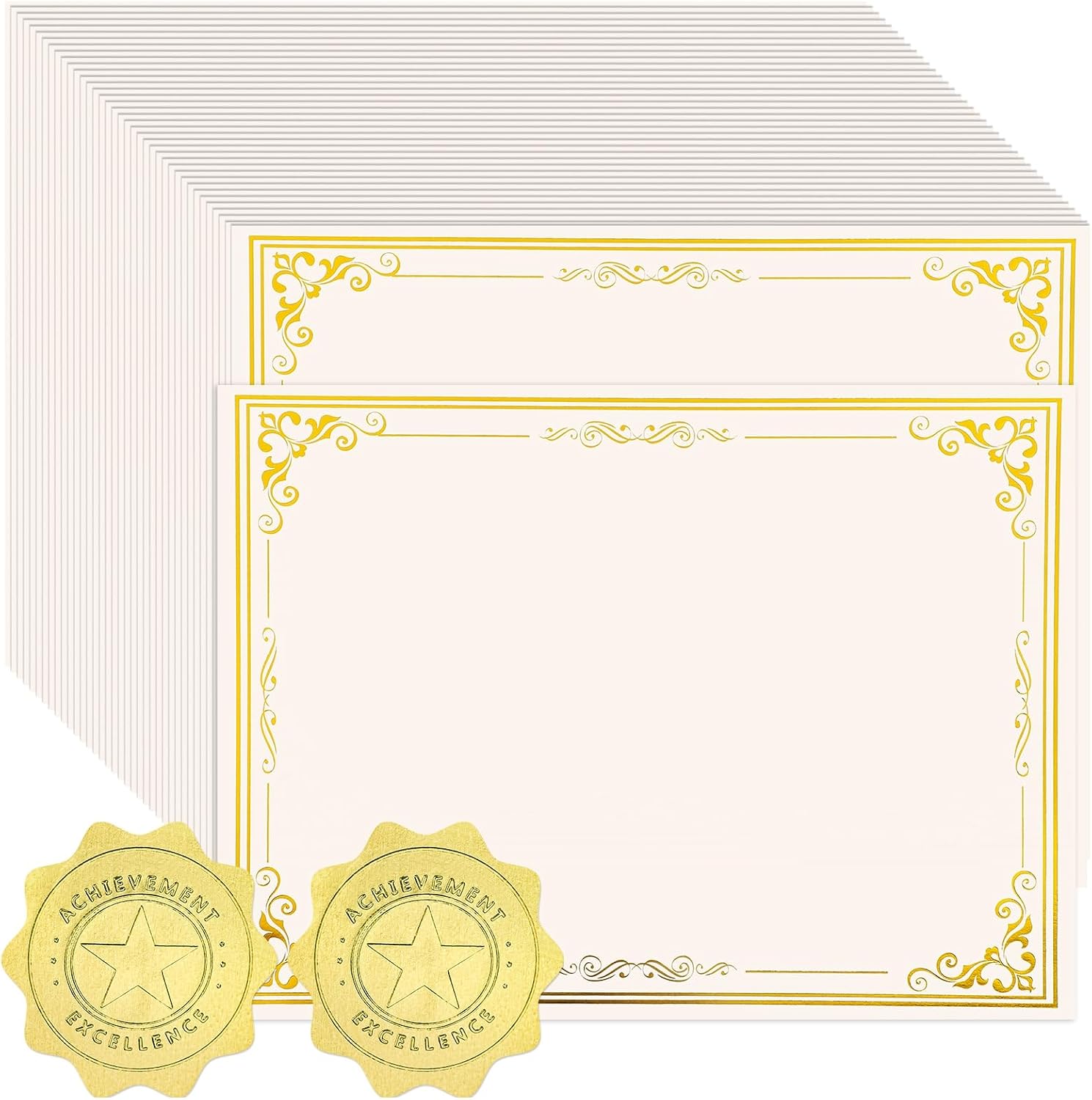 100 Sheets Certificate Paper with 100 Pcs Gold Seal Stickers, 8.5 × 11'' Printable Award Certificates for Graduation