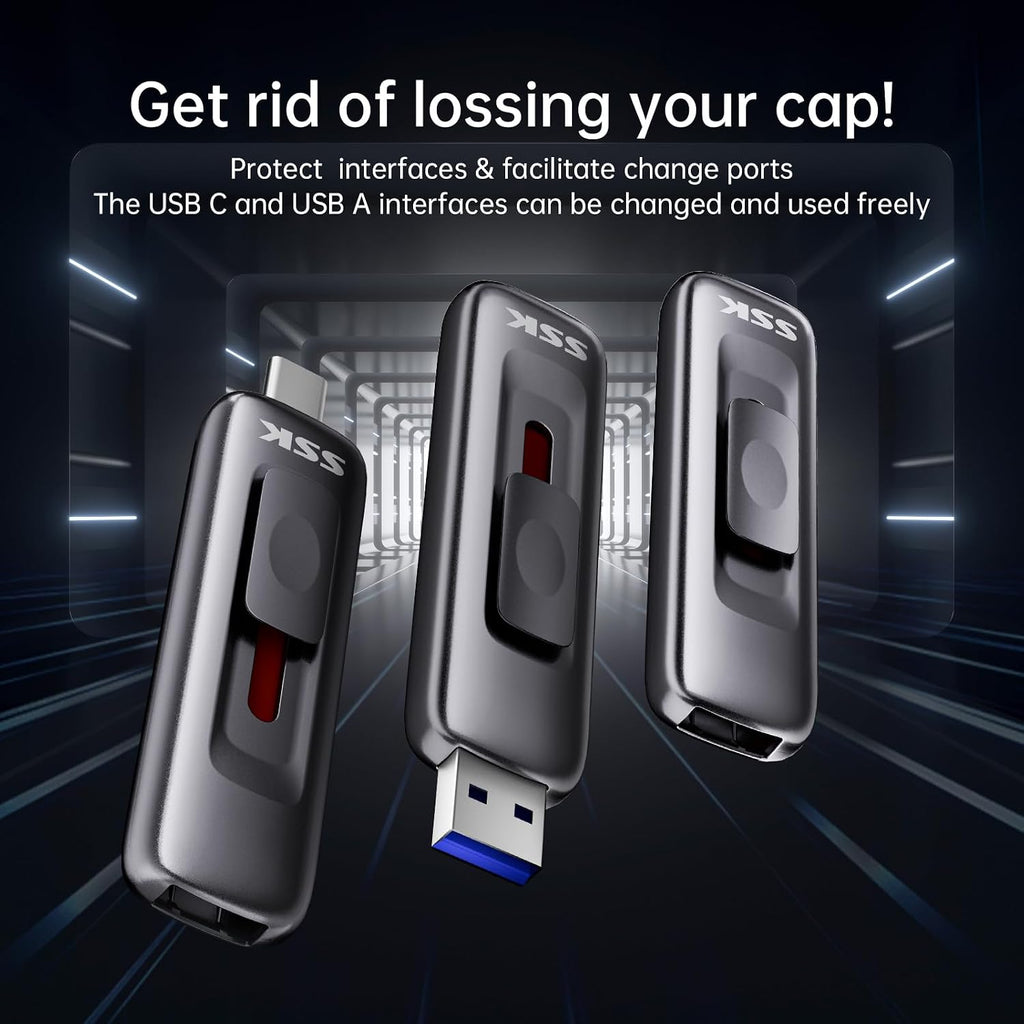 USB Drive 128GB up to 550MB/s External SSD USB C+A 3.2 Thumb Drive | SMART & TRIM,Dual Ports,Metal,Push-pull