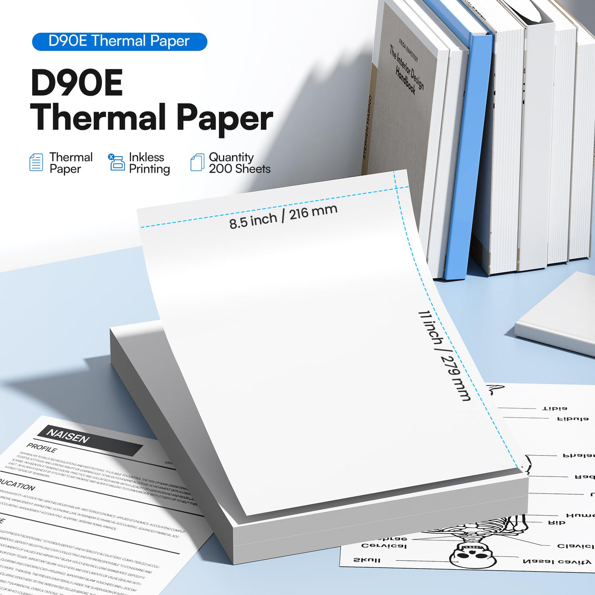 D90E Thermal Printer 8.5 x 11 Inch Single Thermal Paper, 200 Sheets