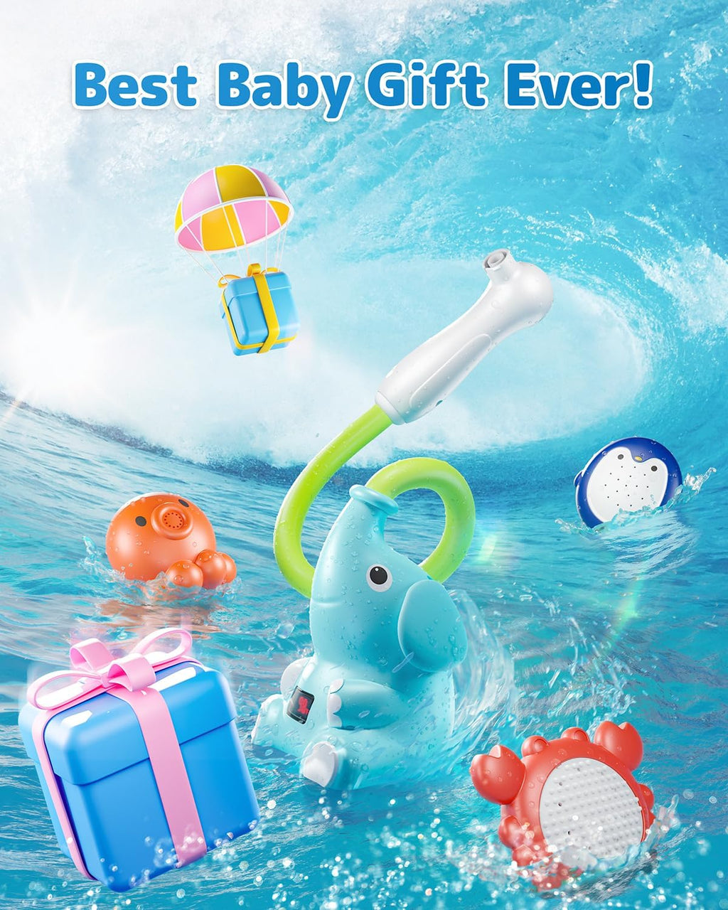 Baby Bath Shower Head with Water Thermometer, 3-in-1 Rechargeable Bath Toys, 3 Exchangable Shower Heads and Soft
