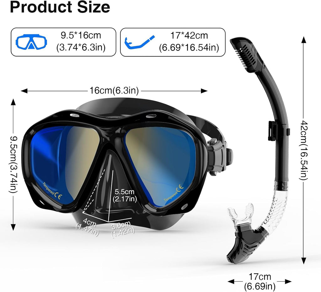 Snorkeling Gear for Adults, Snorkel Mask With Mirrored Tempered Glass Lens 180° Wide View Anti-Fog Scuba Diving Mask