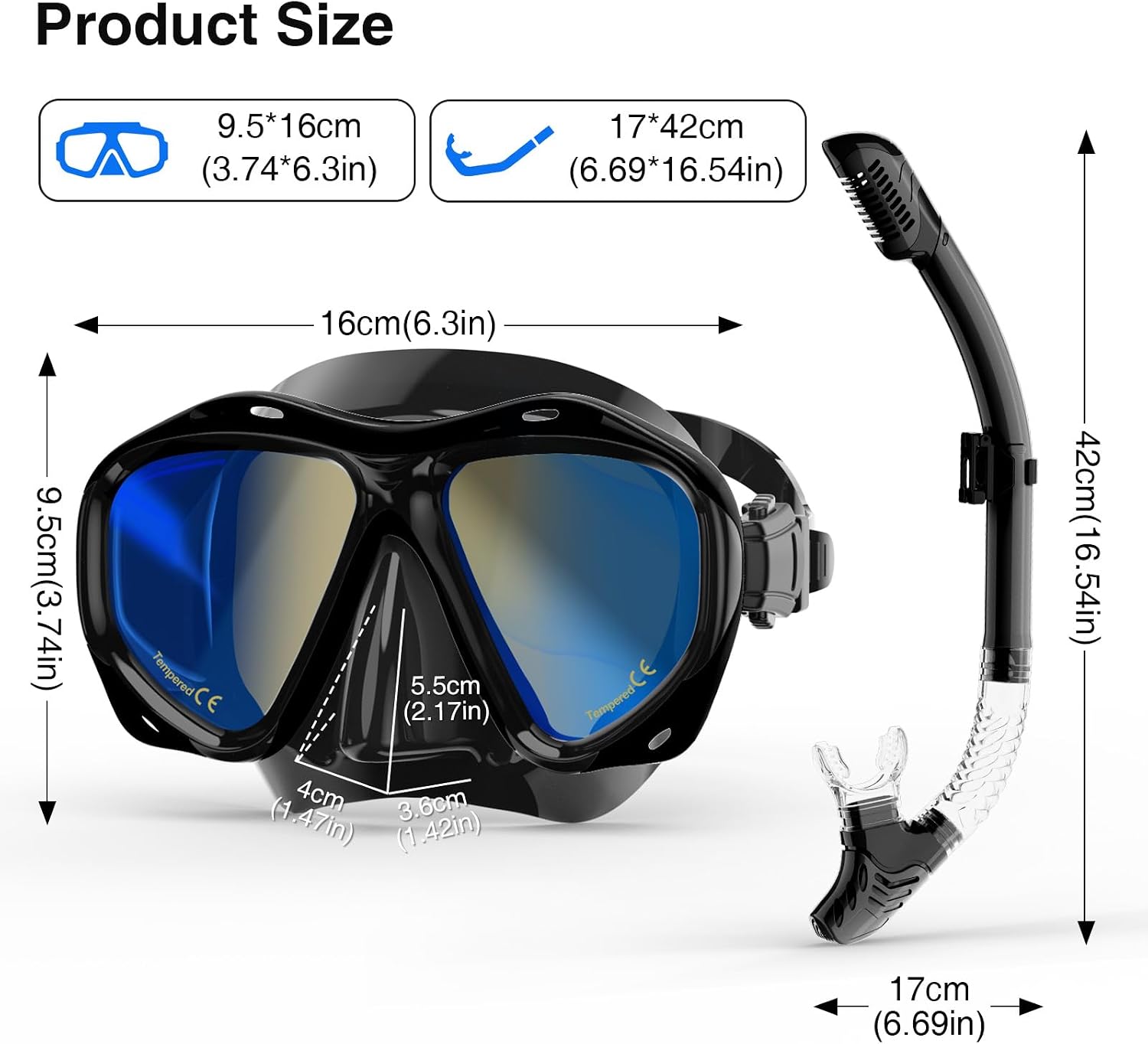 Snorkeling Gear for Adults, Snorkel Mask With Mirrored Tempered Glass Lens 180° Wide View Anti-Fog Scuba Diving Mask