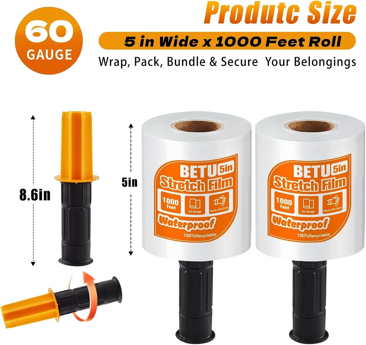 Stretch Film Shrink Wrap for Moving Supplies (5inch, 2 Pack) x 1000ft, Industrial Strength Plastic Wrap Stretch Roll