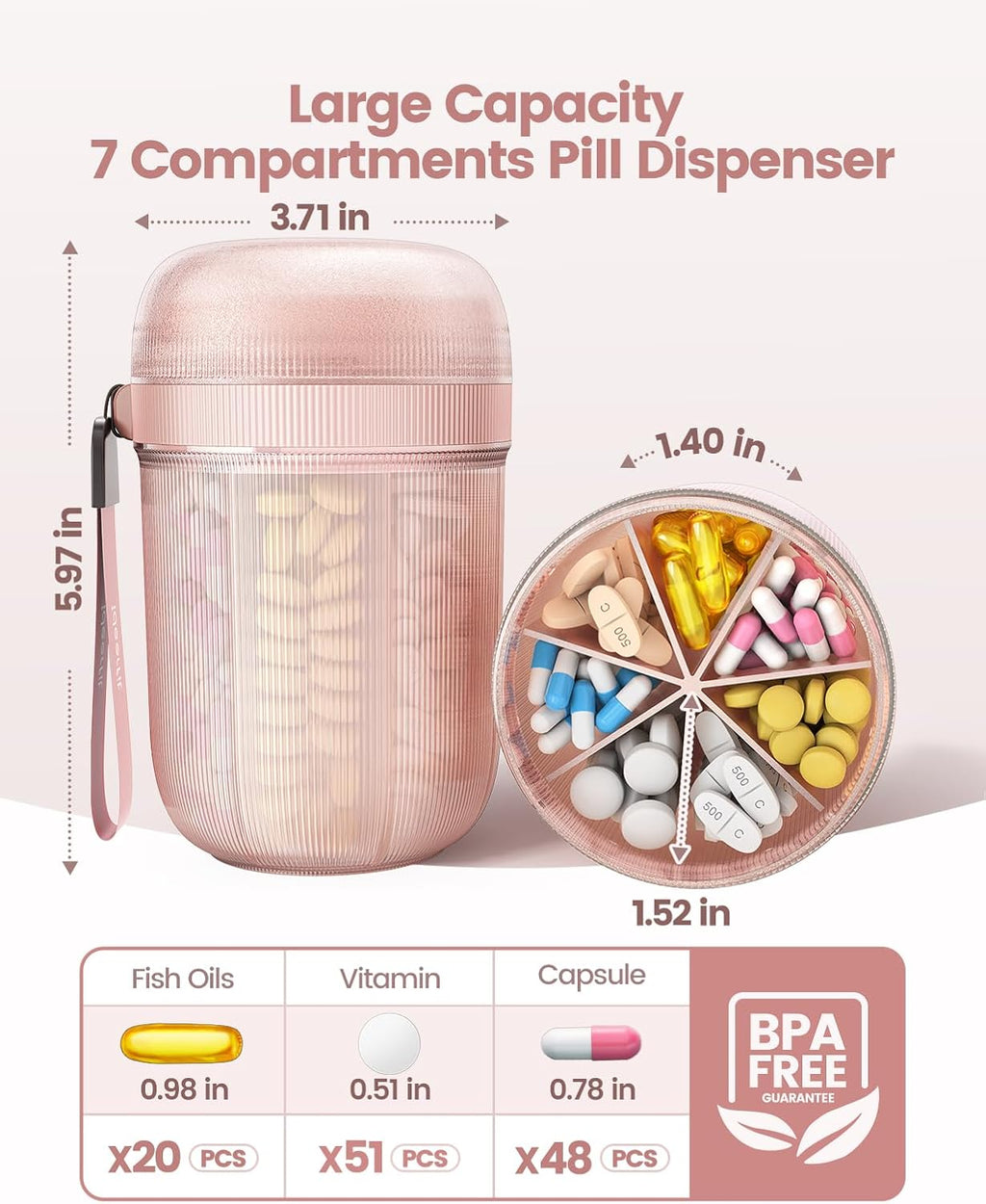 Large Sealed Pill Organizer with Desiccant, Light-Proof Moisture-Proof Pill Bottle with 7 Large Compartments