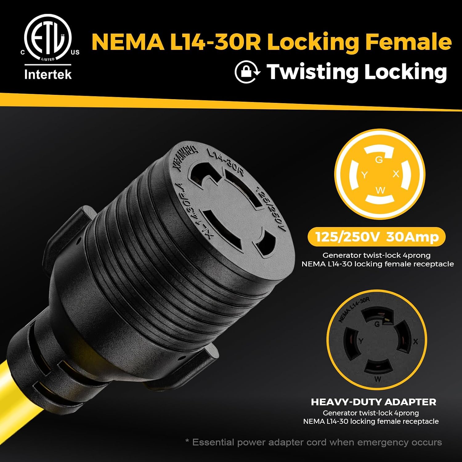NEMA TT-30P to L14-30R Generator Adapter Cord, 30 Amp 3 Prong to 4 Prong Generator Plug Adapter, Generator Transfer