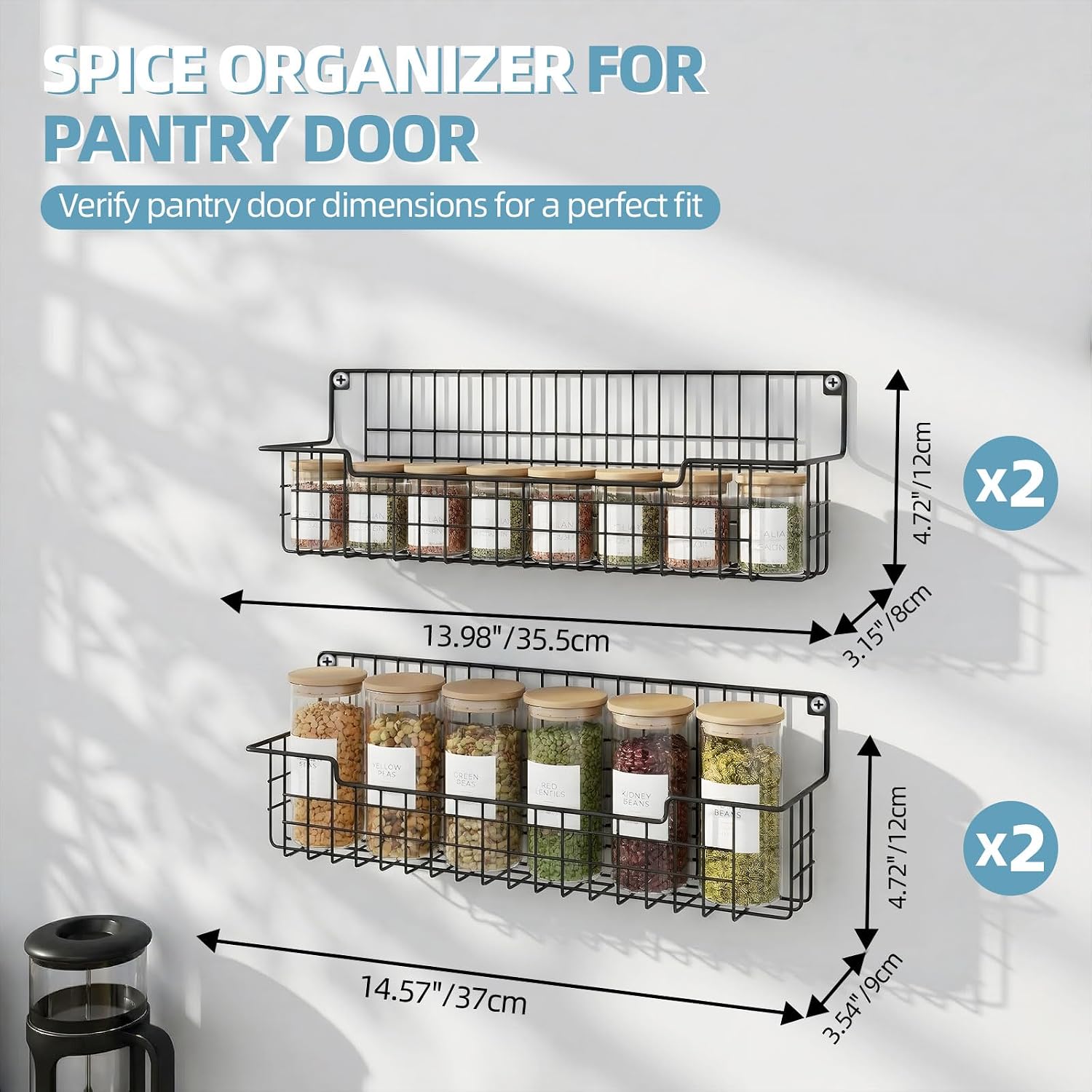 Spice Rack Wall Mount, Spice Organizer for Cabinet & Pantry Door, Set of 4 Hanging Spice Rack Saving Space for