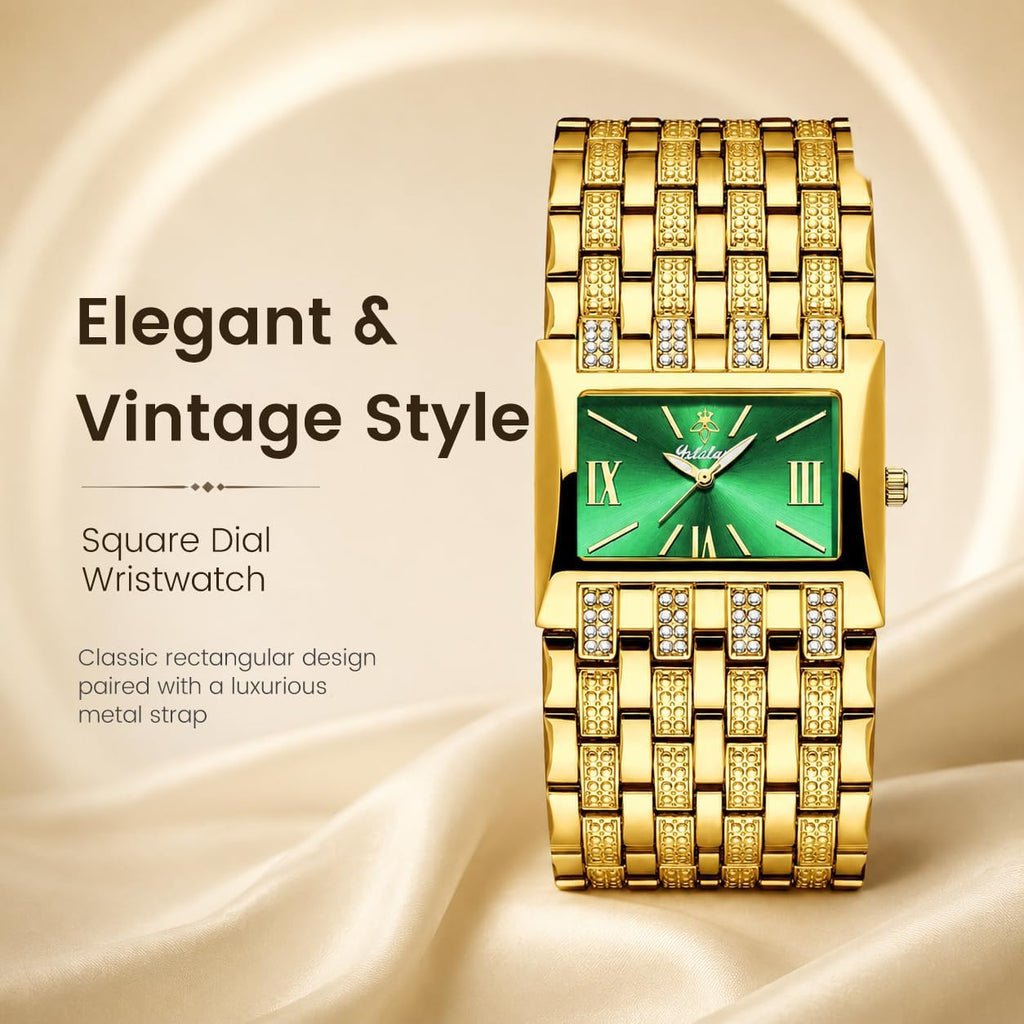 Women's Luxury Gold Watches with Green Dial, Stylish Ladies Bracelet Watch | Rectangular Dial, Crystal Wide Band