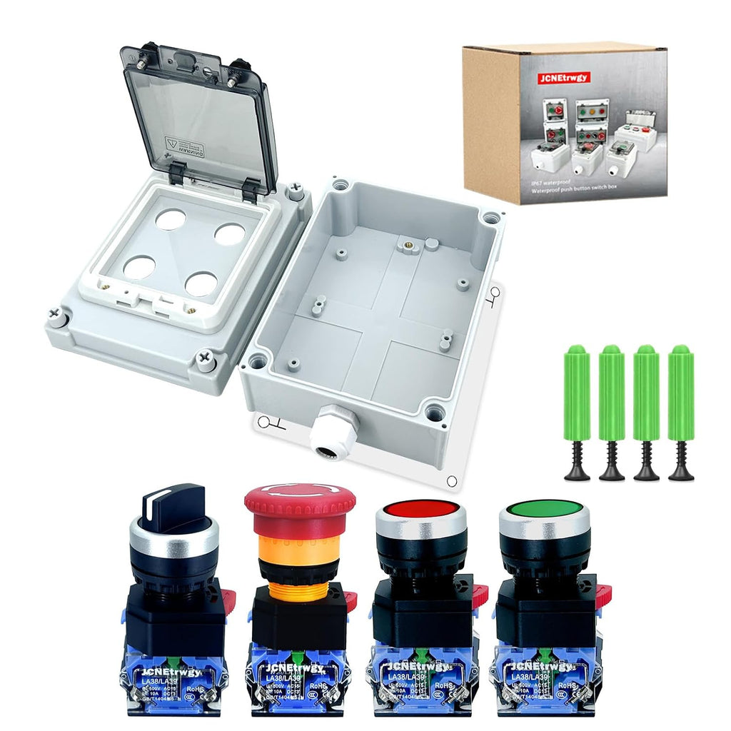 IP67 Efficient Waterproof Emergency Stop Button Box,22mm 4-Buttons Start Stop Control Station, Dustproof Anti-Misoperation Push Button Switch with Cover for Industrial Workshop Outdoor Use