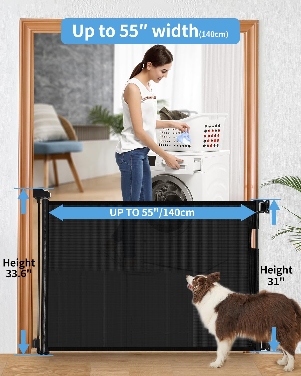 Retractable Baby Gate for Doorways and Stairs, Mesh Safety Gate for Pet, Indoor & Outdoor Use, One-Hand Operation