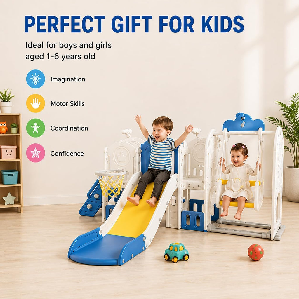 Toddler Slide Playset, 11 in 1 Indoor Outdoor Playground with Swing, Basketball Hoop, Climber, Telescope, for Kids