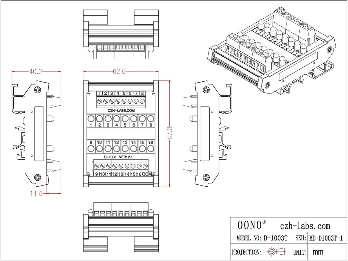 DIN Rail Mount 16 LEDs Indicator Light Module, Support 5~50VDC Common Positive/Negative (Red)