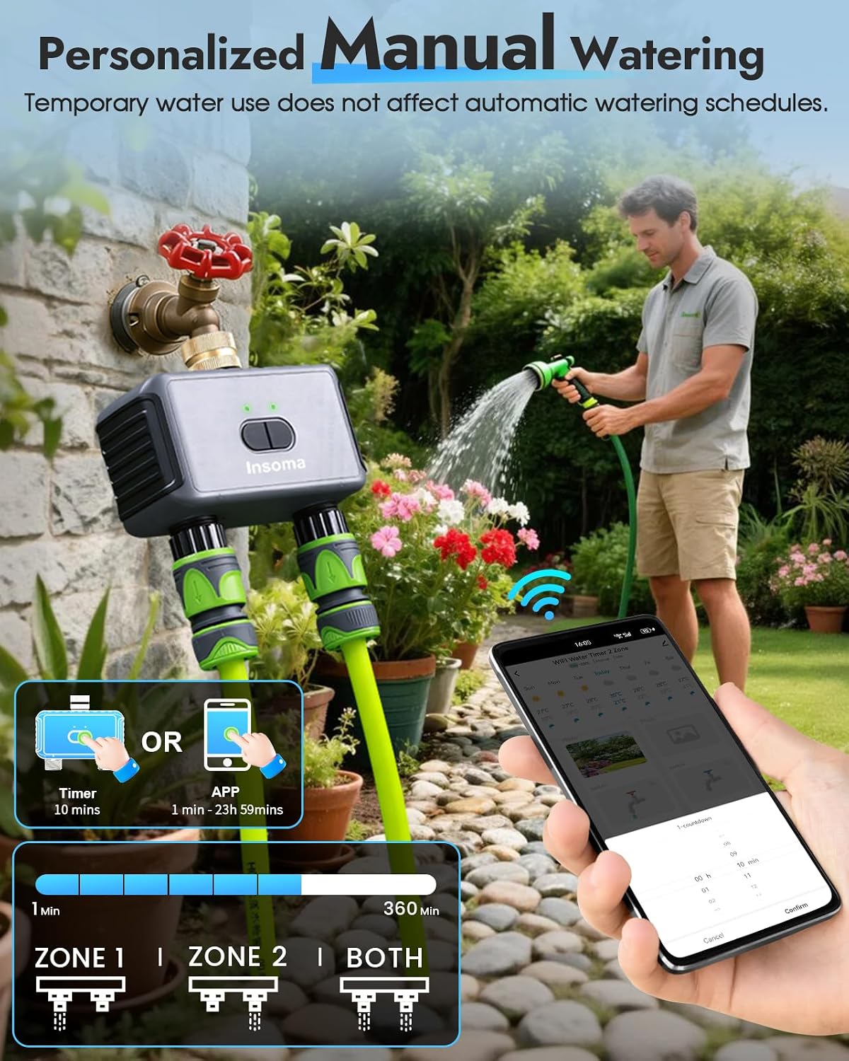 2-Zone WiFi Water Timer for Garden Hose, WiFi Hose Timers with Brass Inlet, No-Gateway 2.4GHz Remote APP & Voice
