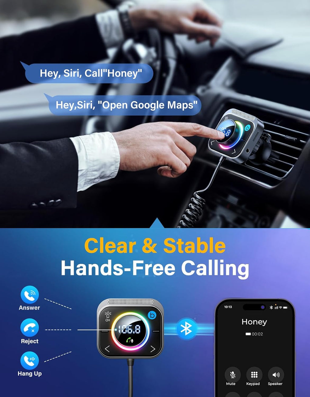 Bluetooth 6.0 Car Adapter FM & AUX HiFi Bass 96W Fast Charging | PD 60W & 2*QC 18W, Air Vent Installation for Safe