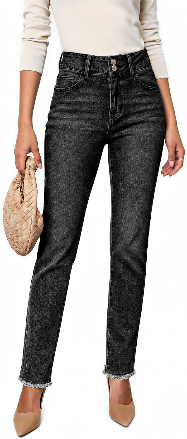 Womens High Waisted Skinny Jeans Double Button Denim Pants
