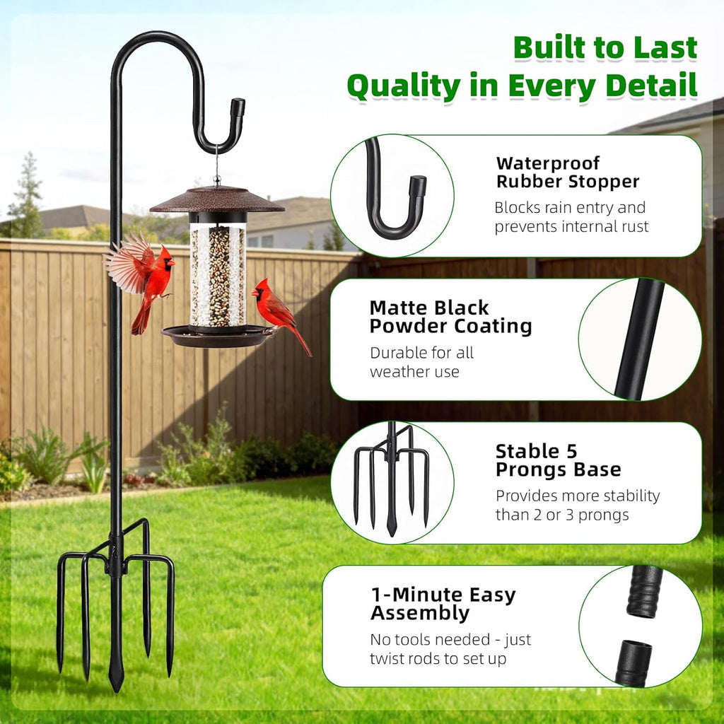 78" Heavy Duty Shepherds Hooks for Outdoor, Bird Feeder Pole with 5 Prong Base, Adjustable Height Shepherds Hook for
