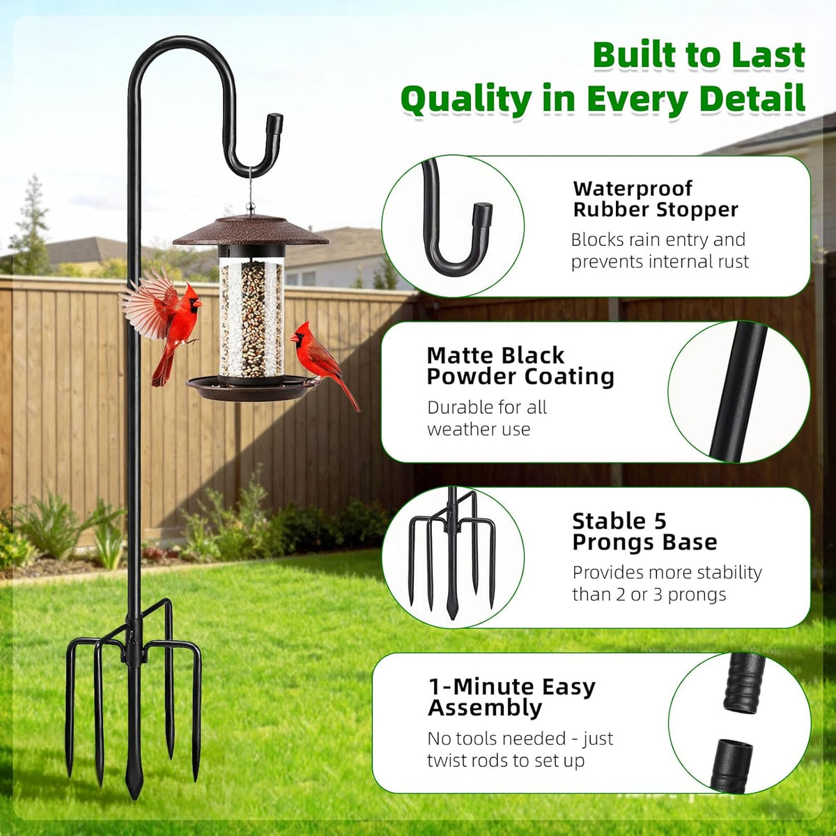 78" Heavy Duty Shepherds Hooks for Outdoor, Bird Feeder Pole with 5 Prong Base, Adjustable Height Shepherds Hook for