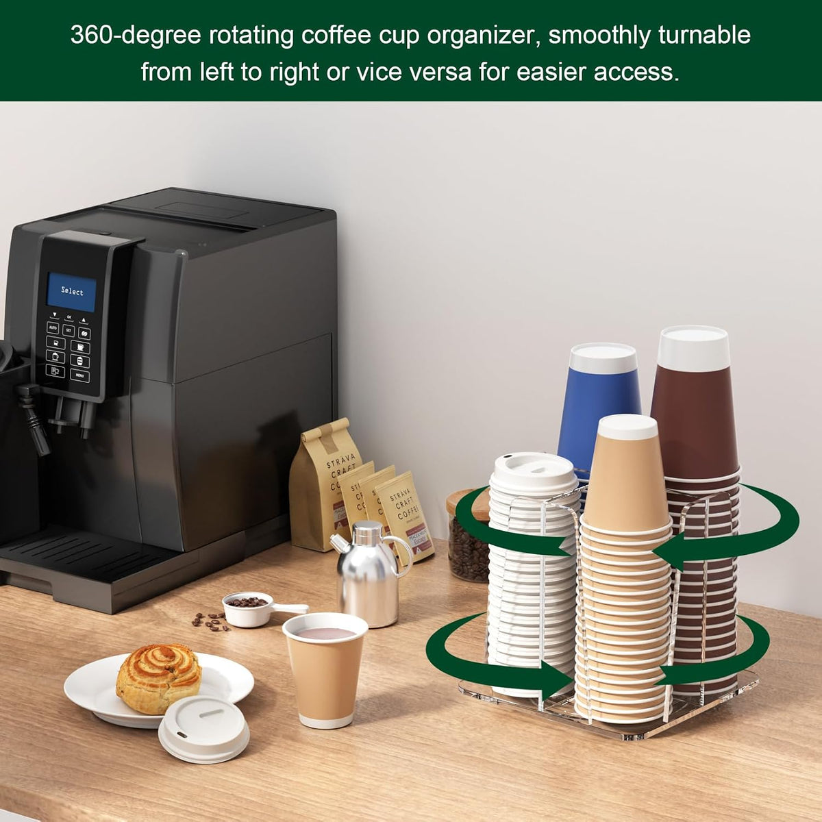 Coffee Cup Organizer for Countertop - Rotating Plastic Cup Holder 4 Compartments Clear Acrylic Cup and Lid Holder for