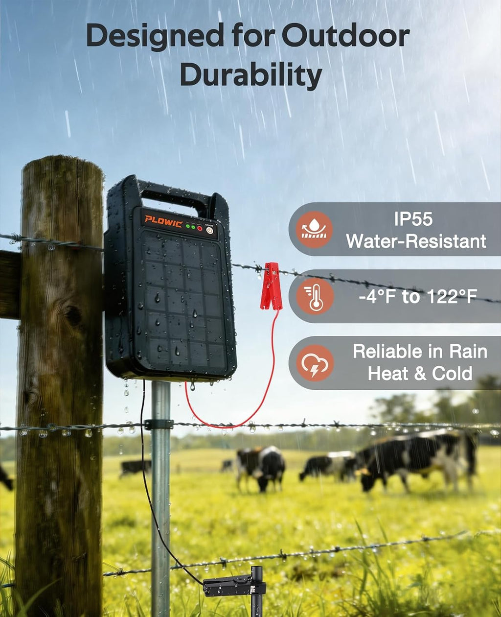 Solar Electric Fence Charger 10 Miles, 0.20J Solar Powered Fence Energizer with Rechargeable 10400mAh Battery