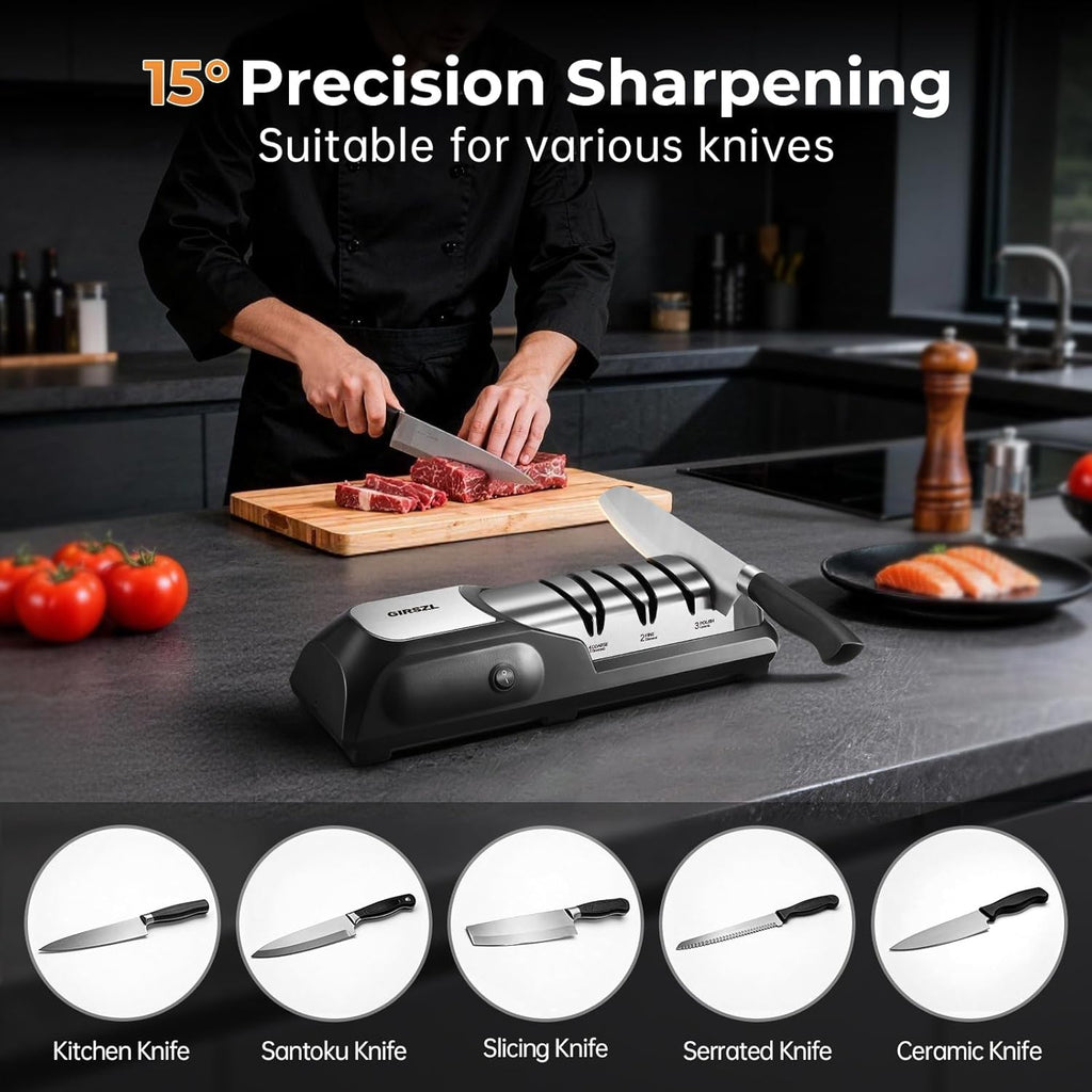 Kitchen Professional Electric Knife Sharpener: 3-Stage 100% Diamond Abrasives Knife Sharpeners with 15° Precision